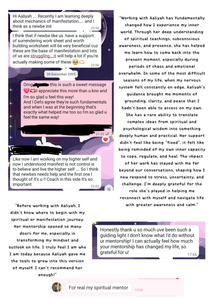 “Before working with Aaliyah, I didn’t know where to begin with my spiritual or manifestation journey. Her mentorship opened so many doors for me, especially in transforming my mindset and outlook